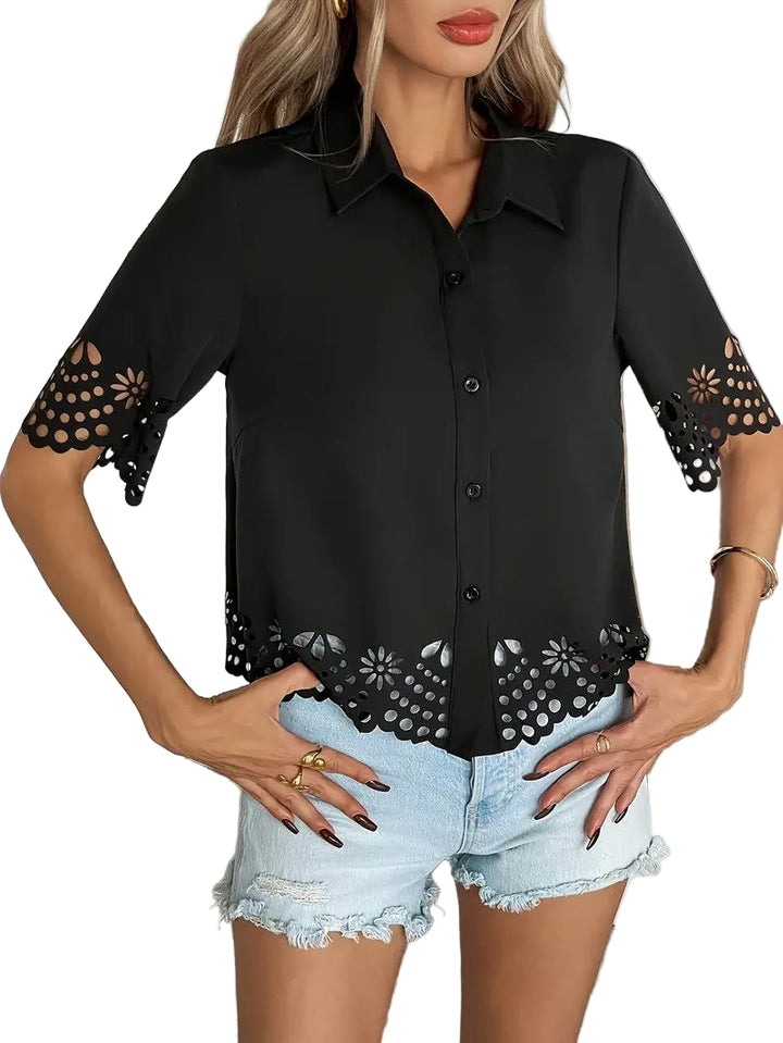 Women's Collared Blouse with Openwork Hem