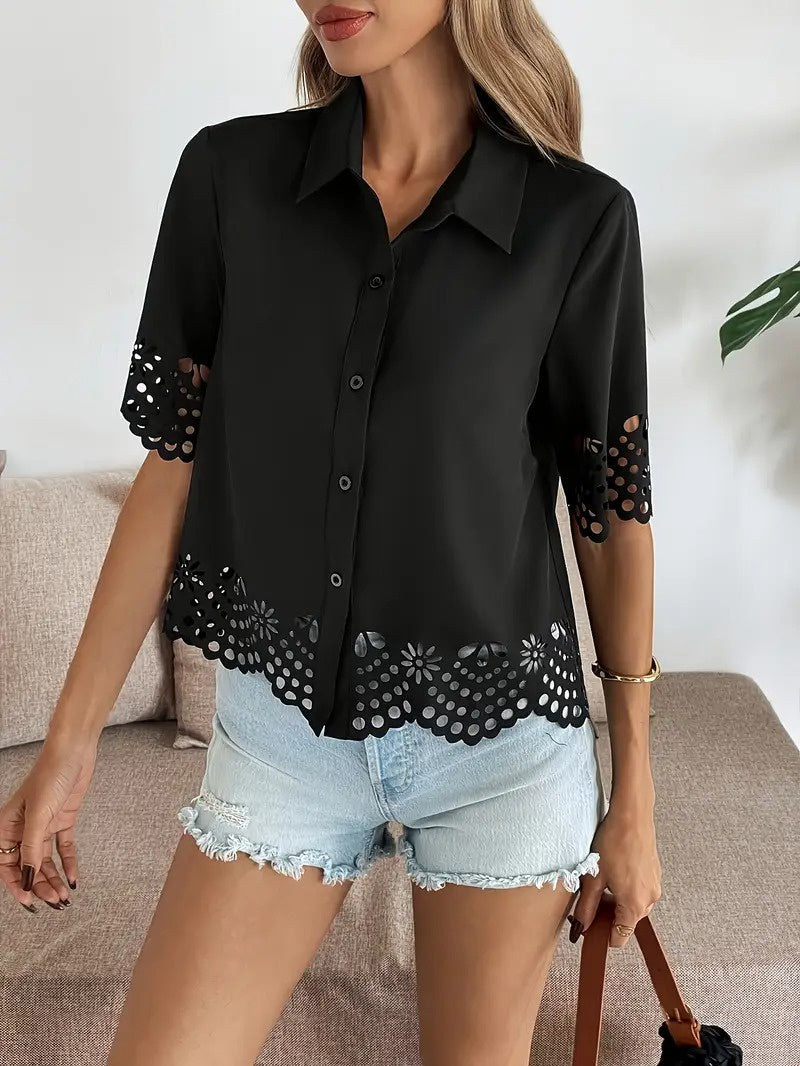 Women's Collared Blouse with Openwork Hem