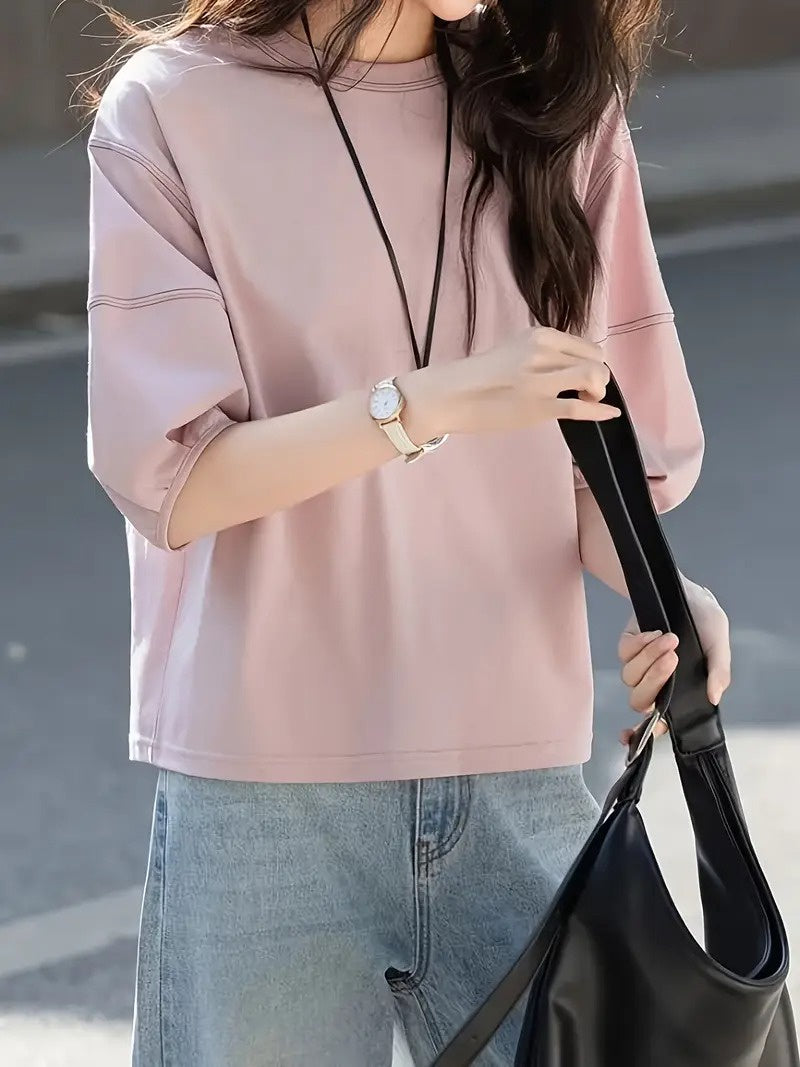 Women's Round-Neck Shirt with Contrast Stitching
