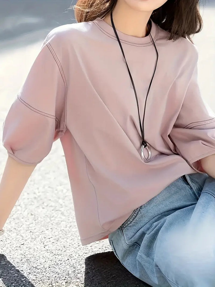 Women's Round-Neck Shirt with Contrast Stitching