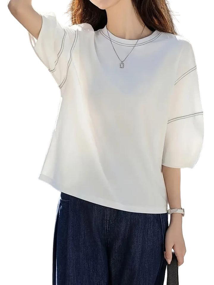 Women's Round-Neck Shirt with Contrast Stitching